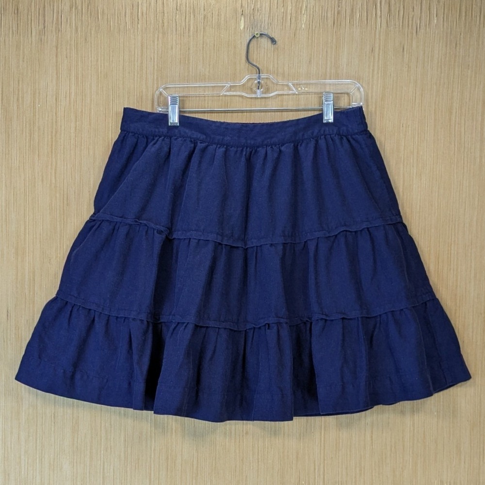 Soft Surroundings Boho Cottage Tiered Mini Skirt Size L Navy Blue Linen Blend